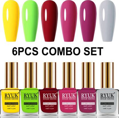 RYUK Long Shine HD Colors Nail Polish Combo Offer Set of 6 Pcs CODE-153 Yellow, Parrot Green, Blued Red, Magenta, Dark Magenta, Cyan Blue