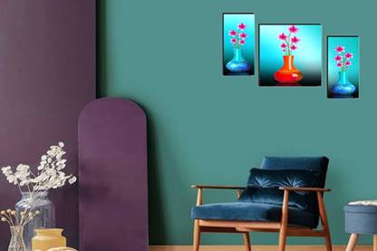 SRAF Beautiful Flower Pot Set of 3 Wall Painting Digital Reprint 18 inch x 12 inch Painting