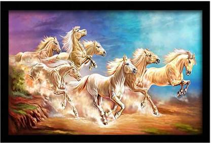 surmul Golden Horse Animal Poster with Frame Seven Running Horse Canvas 18 inch x 12 inch Painting