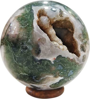 9dzine Moss Agate Sphere Natural Druzy Geode Ball (900-1000 Gm) Decorative Showpiece  -  8 cm