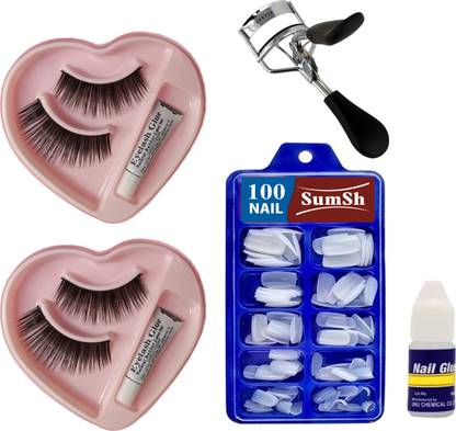 SumSh Artificial Nails (100) Glue, False Eyelashes Eye Makeup, Eyelash Curler
