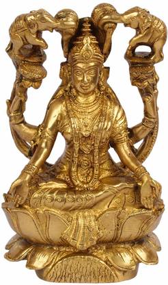 Kartique Goddess Maa Laxmi Idol Gajalakshmi Brass Statue Sitting on Lotus Two Elephants Decorative Showpiece  -  17.8 cm