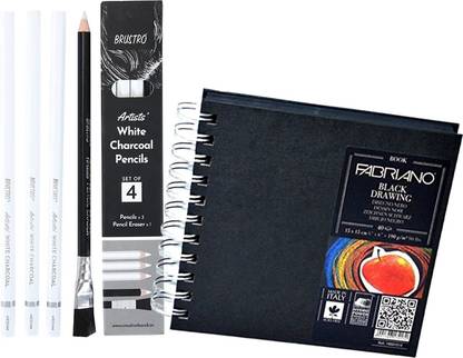 BRuSTRO Artists' White Charcoal Pencil Set of 3 + 1 Pencil brush