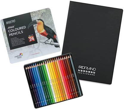 BRuSTRO Artists' Coloured Pencil Set of 24 with Fabriano Accademia Sketching Pad A5
