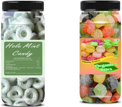 Organic Bites Combo of Colourful Mix Fruit Candy and Hole Mint Candy 200 gm each ( Jar Pack) Mix Fruit, Mint Candy