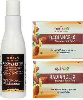 Subaxo Herbal Cocoa Butter Body Lotion 200 ml And Herbal Radiance-X Soap 2 Pc Each 75 g