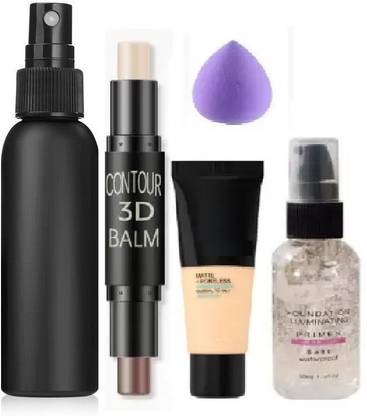 CATERINACHIARA PROFESSIONAL MAKEUP CONTOUR 3D BALM STICK & FACE GEL PRIMER & MATTE FINISHING LIQUID FOUNDATION & SOFT PUFF BLENDER AND MATTE FINISH FIXING FACE SETTING SPRAY MAKEUP FIXER