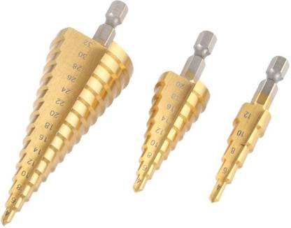 kts12 3 Pcs/Set Hex Shank HSS Titanium Coated Straight Flute Stepped Drill Bits Professional Pagoda Drill Bit Set Wood Tool Hand Drill
