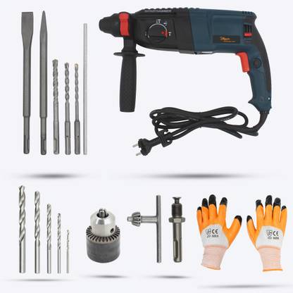 Hillgrove HGCM120M3 26mm Hammer Impact Drill Machine Forward/Reverse Rotation with Drill Chunk(13mm),SDS Adapter,5Pcs HSSDrill Bits HGCM120M3 Pistol Grip Drill