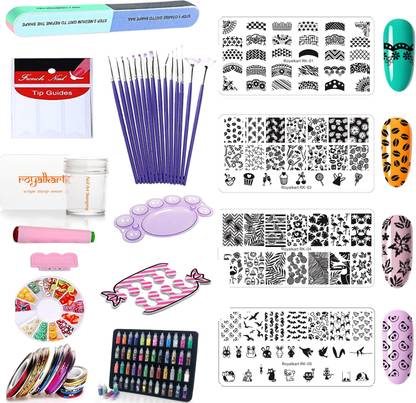 Royalkart Nail Art Stamping Kit Combo 4 Rectangular Image Plates With Nail Art Tools