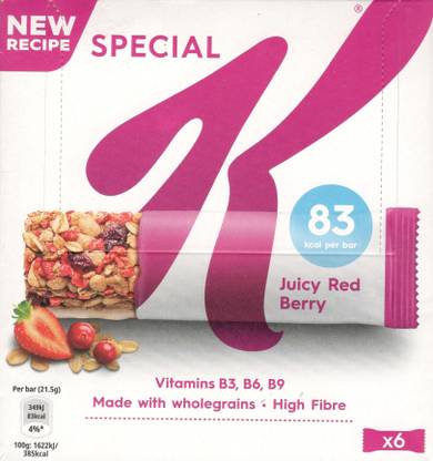 Kellogg's SPECIAL K JUICY RED BERRY 6 X IMPORTED CEREAL BAR MADE IN UK ( 6 X 21.5G) Box