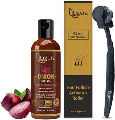 Ligera Hair Growth Kit for Men & Women| Onion Hair Oil & Derma Roller 0.5mm for Hair growth,14 Herbs,Cold Pressed Oils,540 mm Microneedles to Reduce Hairfall, Regrow Hair| Fast Hair Growth
