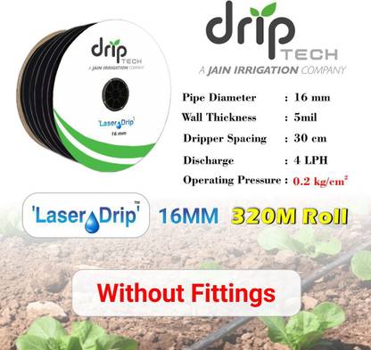 Driptech India Laser Drip 16 MM, 5 mil, 30cm dripper spacing, pack of 1 roll Drip Irrigation Kit