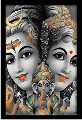 surmul Shiv with Parvati with Frame Wall Poster Ganesh ji Gods Canvas 18 inch x 12 inch Painting