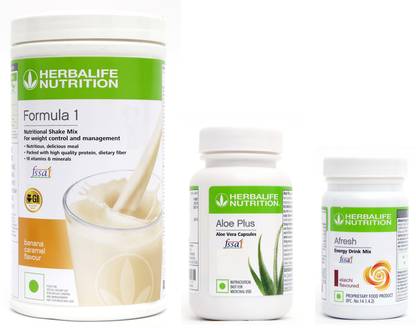 Herbalife Nutrition Formula 1 Shake Banana Flavor With Aloe Plus Tablet And Afresh Elaichi Flavor Protein Shake