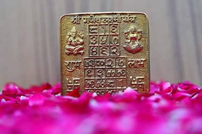 Shiva Tears Shree Laxmi Ganesh Ashtadhatu Brass Yantra, Golden Brass Yantra