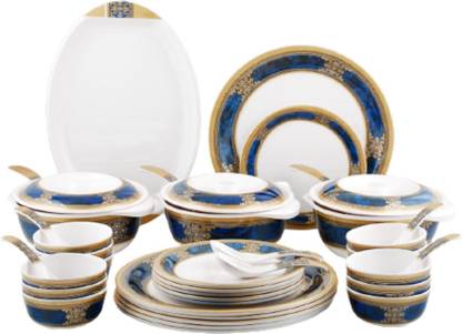 Dinewell Pack of 40 Melamin 40 Pcs. Golden Round Dinner Set - Ethinic Blue Dinner Set