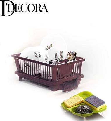 DDecora Dish Drainer Kitchen Rack Plastic 3 in 1 Large Sink Set Drying Washing Basket (BROWN)
