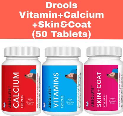 Drools Drools Absolute Cal+Vit+Skin&Coat(50 Tablets Each) Dog Supplement Chicken 0.6 kg (3x0.2 kg) Dry Adult, New Born, Senior, Young Dog Food