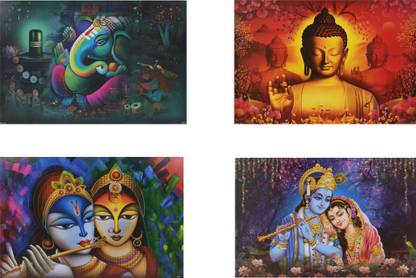 Combo of 4 Beautiful poster | Gloss Laminated Paper Printing | Radhe Krishna, Buddha & God Ganesha Wall Poster | Wall Painting (Wall Poster Without Frame Fine Art Print) (12 inch X 18 inch, Rolled Over Hard Cardboard Pipe). Paper Print