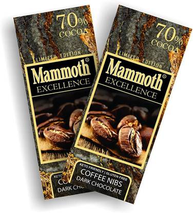 Mammoth 70% Dark Chocolate - Coffee Nibs - Keto Friendly, Gluten Free,Vegan (Pack of 2) Bars