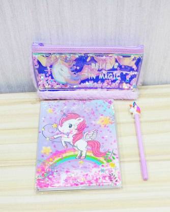 Priceless Deals Attractive Unicorn Water Glitter Diary | Water Glitter Fur Pouch & Unicorn Pen A5 Diary Ruled 100 Pages
