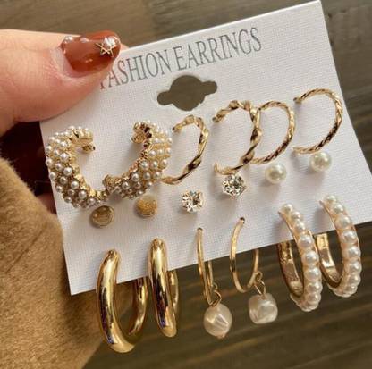 Vembley Combo 9 Pair Stunning White Gold Plated Pearl Alloy Hoop Earring