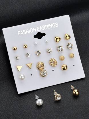 Vembley Combo of 12 Pair Golden Studded Pearl Stud Earrings For Women and Girls Alloy Stud Earring