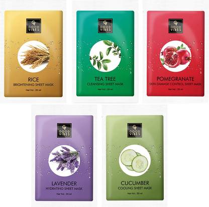 GOOD VIBES Sheet Masks Combo (Pack of 5) - Rice, Pomegranate, Cucumber, Tea Tree, Lavender