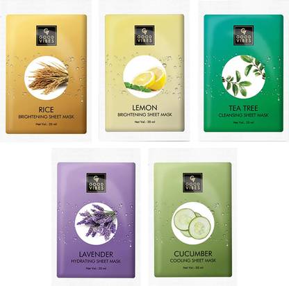 GOOD VIBES Sheet Masks Combo (Pack of 5) - Rice, Lemon, Cucumber, Tea Tree, Lavender