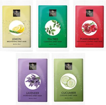 GOOD VIBES Sheet Masks Combo (Pack of 5) - Lemon, Pomegranate, Cucumber, Tea Tree, Lavender