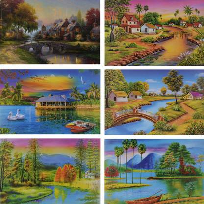 Combo of 6 Beautiful poster | Gloss Laminated Paper Printing | Scenery ( Water Fall, river, pond, lake) Wall Poster | Wall Painting (Wall Poster Without Frame Fine Art Print) (12 inch X 18 inch, Rolled Over Hard Cardboard Pipe). Paper Print