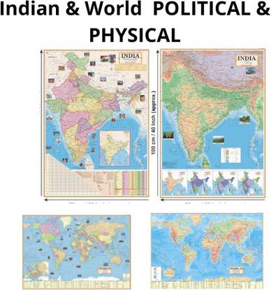 4 MAPS set - Useful for UPSC, SSC, IES and other Competitive Exams Aspirant | India & World Map (Both Political & Physical)| Map Size (28 * 40 Inch) (23 * 36 Inch)| Non Laminated & Paper Print| Paper Print
