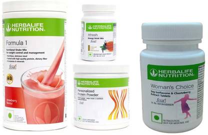 Herbalife Nutrition Formula 1Shake Strawberry +ProteinPowder-200+Afresh-Tulsi+ Women Choice Tablet Protein Shake