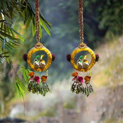 The Shine Store Artificial Bird Nest Chidiya with Grass Jute Hanging Nest Home Décor Combo Decorative Showpiece  -  33 cm