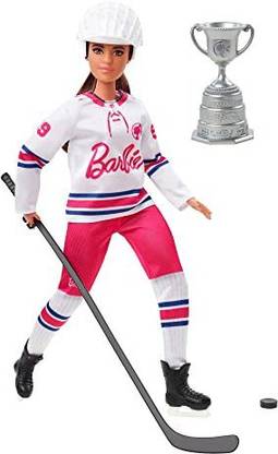 BARBIE Hockey Player Brunette Doll, Curvy Shape Helmet, Hockey Stick,HFG74