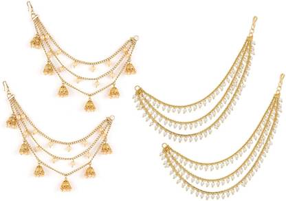 J J bridal wedding moti Pearl Ear Chains for Hair heavy Jhumka Traditional Earrings Hair Chain