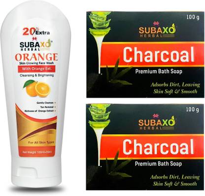 Subaxo Herbal Orange Face Wash 120 ml And Herbal Charcoal Soap 2 Pc Each 100 g