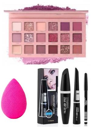 Hudabird Nude Eyeshadow With 3 in 1 Mascara , Eyeliner & Eyebrow Pencil , Sponge Puff