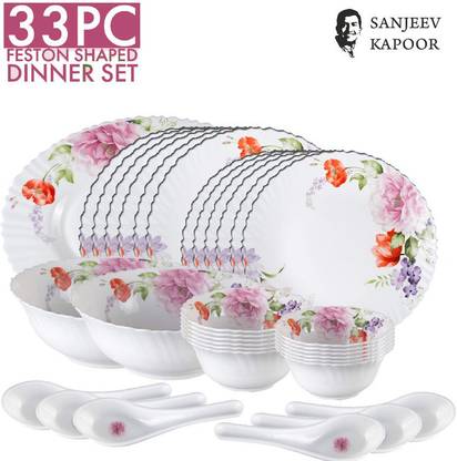 Sanjeev Kapoor Pack of 33 Glass 33 PC WHITE FESTON SHAPE DINNER SET