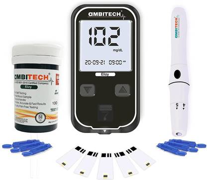 AMBITECH Elizy Blood Glucose Meter Kit with 100 strips and 100 lancets ( Made in India ) ( Life time warranty) Glucometer