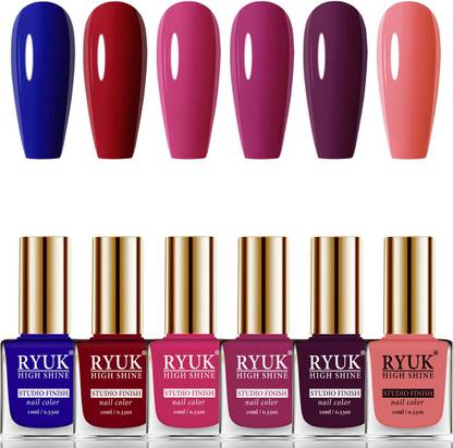 RYUK Long Shine HD Colors Nail Polish Combo Offer Set of 6 Pcs RNPS-62 Blue, Blued Red, Magenta, Dark Magenta, Wine, Pink Peach