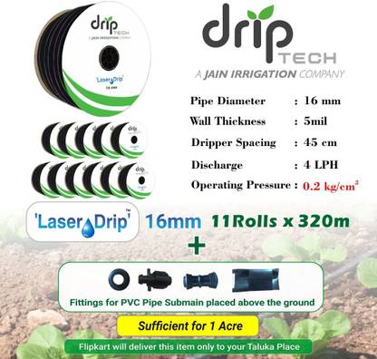 Driptech India Laser Drip 16mm,5mil,320m Roll+Fittings for PVC Pipe Submain above the ground. Drip Irrigation Kit