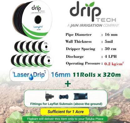 Driptech India Laser Drip 16mm,5mil,320m Roll +Fittings for Layflat Submain (above the ground) Drip Irrigation Kit