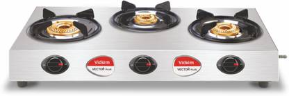 Vidiem GS S3 195 A Vector Plus 3 Burner Stainless Steel Gas Stove, Silver, Manual Stainless Steel Manual Gas Stove