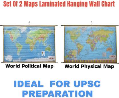 World Political Map & World Physical Map Chart Laminated Set Of 2 Hindi Medium Useful For UPSC, SSC, IES And Other Competitive Exams