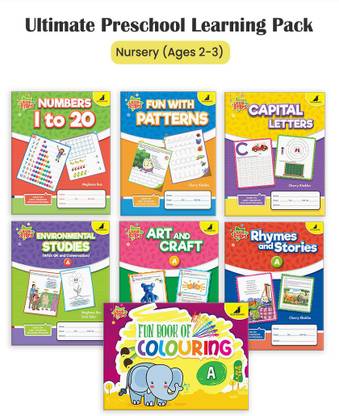 Woodsnipe Nursery Home Schooling Book Pack Ages 2-3 Years| 7 Preschool Books to teach Pattern Writing, Alphabets ABCD, Numbers 1 to 20, EVS, Rhymes, Colouring and Craft with Ample Activity Worksheets