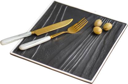 Nestasia Ceramic Platter with Wooden Textures for Starters and Kebabs (Black) Plate Serving Set