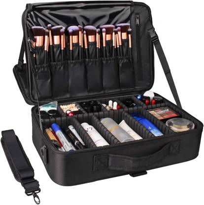 LACOPINE Large Capacity Makeup Bag,Cosmetic Organizer with Removable And Adjustable Dividers and Strap for Cosmetics Makeup Brushes Accessories Make Up, Jewelry Vanity Box