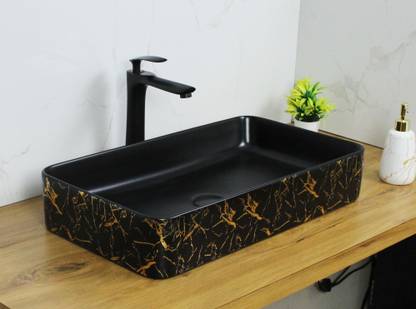 Tap & Tile T&T Wash Basin Countertop, Tabletop Ceremic Bathroom Sink/Basin, 600x350x110mm color:Black outer side yellow design matt finish Table Top Basin